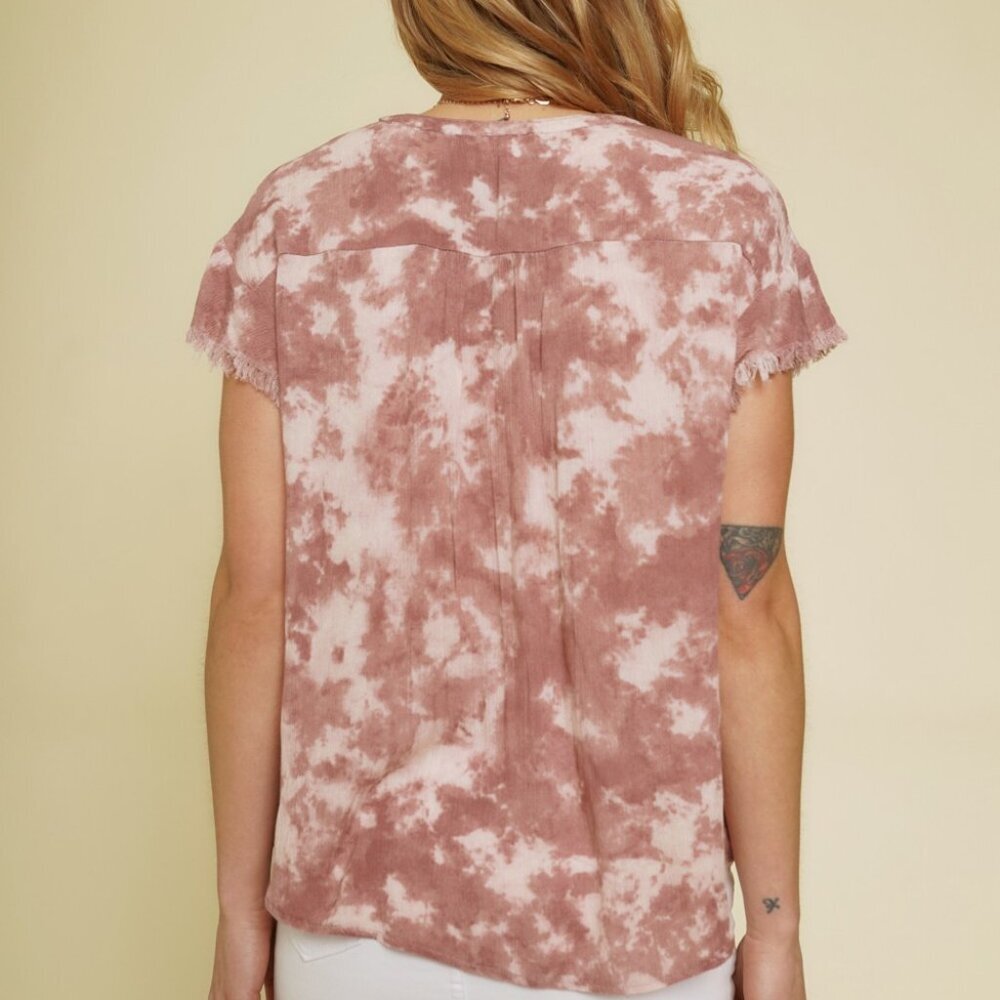 MYSTREE Tie Dye Button Front Short Sleeve Top Blouse Pink Mauve - Picture 5 of 7